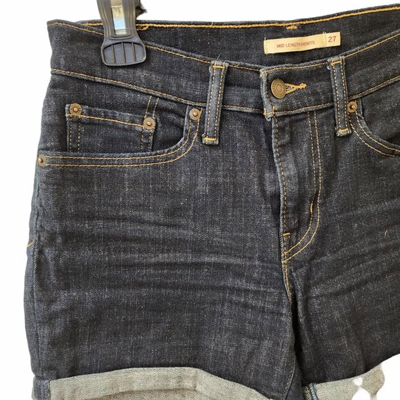 Levi's Dark Blue Mid Length Midi Jean Shorts Size 27 Cuffed Mid Rise - Picture 2 of 9